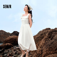 森馬（Semir）【連衣裙合輯】夏天女法式慵懶風(fēng)裙子復(fù)古學(xué)院風(fēng)針織裙雪紡碎花裙 V款小飛袖長裙-本白10101 S