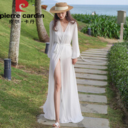 皮爾卡丹沙灘裙2025新款女夏超仙三亞海邊度假泳衣罩衫雪紡飄逸長袖連衣裙 白色 L