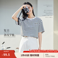 茵曼（INMAN）條紋圓領(lǐng)T恤女夏季新款套頭休閑寬松顯瘦純棉短袖上衣 藍白條 M