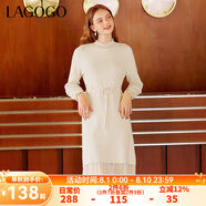 lagogo拉谷谷2023年秋季新款甜美蕾絲優(yōu)雅修身連衣裙女長袖中長裙 米白色(V2) S 155/36