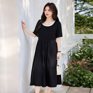 慕姍詩怡（MsShe）【撞色領(lǐng)弧形小黑裙】MsShe大碼女裝2025夏裝胖mm收腰高端連衣裙 黑色現(xiàn)貨 偏小半個碼 XL