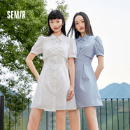 森馬（Semir）【連衣裙合輯】夏天女法式慵懶風(fēng)裙子復(fù)古學(xué)院風(fēng)針織裙雪紡碎花裙 G款凈色襯衫裙-灰藍80281 S