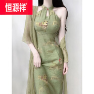 恒源祥新款新中式女裝古風(fēng)改良旗袍年輕款少女高端氣質(zhì)掛脖連衣裙子夏 綠色開衫+旗袍 兩 XL