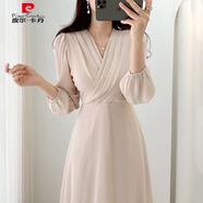 皮爾卡丹韓國chic法式溫柔顯瘦V領(lǐng)壓褶設計感系帶收腰過(guò)膝長(cháng)袖雪紡連衣裙 杏色 均碼