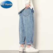 A 21 FUNB牛仔褲男款大碼寬松直筒闊腿褲男士休閑褲男生褲子夏季九分褲男褲 牛仔藍 2025+ 4XL 190-210斤