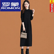 羅蒙（ROMON）冬季羊毛連衣裙女2024新款品牌針織毛衣長裙秋冬裝氣質(zhì)顯瘦打底裙 黑色 XL 120-130斤