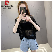 皮爾卡丹（pierre cardin）吊帶裙罩衫鏤空外搭女短款t恤抽繩冰絲上衣短袖女薄款夏空調衫 黑色《單件鏤空衫》 M 建議95-110斤