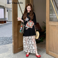 拉夏貝爾（La Chapelle）黑色休閑T恤連衣裙女夏2025新款韓系穿搭顯瘦蕾絲半身裙子兩件套 黑色 T恤裙+半裙 XS 95斤內