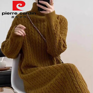 皮爾卡丹（pierre cardin）純色高領(lǐng)長(cháng)款麻花毛衣裙女秋冬季新款寬松加厚長(cháng)袖打底針織連衣裙 橄欖綠【厚實(shí)】今年流行的輕奢品牌 S 建議90-100斤