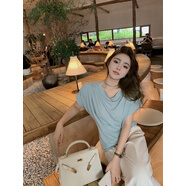 LILY LIKES羊毛墊肩tee 100綿羊毛軟糯氣質(zhì)女人味T恤 灰藍(lán)色 S