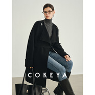 COKEYA/藏地軟黃金奢軟牦牛絨加厚小A字中長(cháng)款寬松大衣毛呢外套上衣女秋 經(jīng)典黑 S  現貨 160/80A 小恩碼