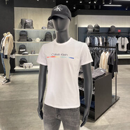 CALVIN KLEIN JEANSck短袖T恤男 2025新款時(shí)尚帥氣彩虹條紋Logo印花修身棉體恤上衣潮 白色 S