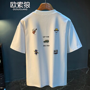 歐索狼夏季薄款短袖男高端刺繡印花T恤上衣垂感冰絲透氣半截袖體恤衫男 白色 M （115-130斤）