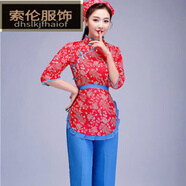 嬅欣阿慶嫂演出服采茶服女中老年秧歌服舞蹈村姑服裝網(wǎng)紅直播表演 紅色上衣+圍裙(+頭巾) 3XL 135-150斤