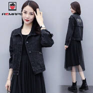 AEMAPE短外套女2025秋季新款女裝牛仔韓版寬松顯瘦百搭刺繡夾克純色上衣 黑色 【好質(zhì)量】 M 建議105-115斤