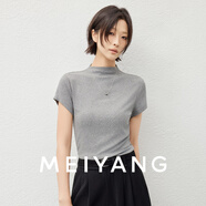 美洋（MEIYANG）彩色卡戴珊T恤 人棉螺紋針織立領(lǐng)彈力短袖上衣t恤女 灰色 2XL