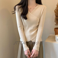 JTTCAC日本不規(guī)則針織衫女春秋2025新款修身v領別致長袖內搭毛衣打底衫 9231#杏色 M