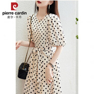 皮爾卡丹歐洲站波點法式連衣裙女2025夏季新款圓領復古簡約通勤氣質(zhì)中長裙 杏色 S