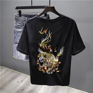 璇醇刺繡男t恤純棉輕奢國潮貔貅重工短袖夏季新款中國風寬松半袖體恤 黑色 M 建議90-110斤