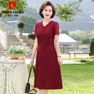 皮爾卡丹（PIERRE CARDIN）2025年洋氣媽媽裝短袖連衣裙時(shí)尚女裝中年裝夏裝中老年氣質(zhì)裙子 酒紅色連衣裙 XL (建議105-125斤)