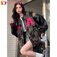 VOYDOVE美式復(fù)古棒球服外套女2025新款春秋季新款百搭拼接pu皮袖迷彩夾克 [綠色春秋款]【z】 M 85-100斤