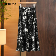 伊卉（YIHUI）法式半身裙女2025夏季新款優(yōu)雅印花高腰緞面包臀a字中長(cháng)裙 黑花色 S