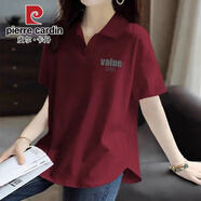 皮爾卡丹（pierre cardin）夏季POLO衫女短袖休閑大碼不規(guī)則弧形下擺寬松顯瘦減齡翻領(lǐng)上衣服 2024酒紅【C15-B34】2025 M 100斤內(nèi)