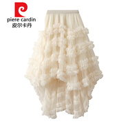 皮爾卡丹（pierre cardin）紗紗裙糖果色松緊腰仙氣網(wǎng)紗半身裙蓬蓬不規則荷葉邊蛋糕裙針織 杏色 均碼