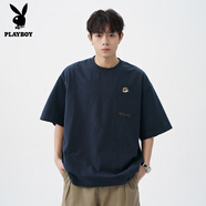 花花公子（PLAYBOY）日系復(fù)古棉質(zhì)刺繡短袖夏季高街休閑寬松半袖美式重磅T恤男士 藏青色 M