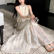 妙奕嘉連衣裙女純欲掛脖吊帶裙子夏季2025新款法式顯瘦海邊度假沙灘長裙 綁帶掛脖提花連衣裙【杏色】 M （建議90-100斤）