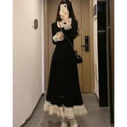 冠貿(mào)裴法式花邊長袖連衣裙彈力收腰針織打底Dresses 黑色 S 90-100斤左右均可
