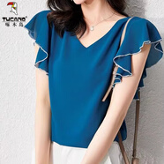 啄木鳥(niǎo)夏季高端邊雪紡衫荷葉紡衫短袖氣質(zhì)寬松大碼新款上衣洋氣肚子 藍色 M 100斤以?xún)?
                                         title=