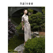 納薇（naivee）新中式旗袍裙斜襟印花改良旗袍短袖修身連衣裙女裝裙子萊賽爾亞麻 米色 M