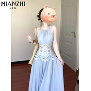 棉致法式鏤空掛脖無(wú)袖連衣裙女夏季2025新款收腰顯瘦蕾絲拼接沙灘長(zhǎng)裙 9964藍(lán)色【高品質(zhì)52.5】 L 100-110斤