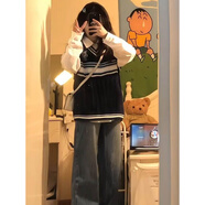 MZPLOI初中生春秋季套裝2025新款少女學(xué)院風(fēng)穿搭馬甲打底襯衫韓版牛仔褲 三件套藏青色馬甲+打底襯衫+牛仔 XL 【建議120-135斤】