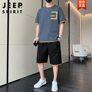 JEEP SPIRIT夏季青少年套裝休閑運(yùn)動速干冰絲籃球衣服時尚潮流短袖男T恤一套 鐵灰 M 推薦95-110斤