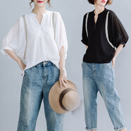 啄木鳥(niǎo)胖妹妹顯瘦V領(lǐng)短袖襯衫女夏2025新款韓版大碼寬松蝙蝠袖上衣減齡 白色 均碼 大【100-200斤】