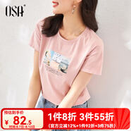 歐莎（OSA）白色短款T恤女士夏季新款衣服短袖印花顯瘦正肩上衣體恤修身 粉色 XL