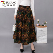 啄木鳥(niǎo)棉麻碎花半身裙女士夏季春夏秋2025年新款高腰百褶垂感大擺中長(cháng)裙 黃綠波浪紋 均碼 建議85-158斤