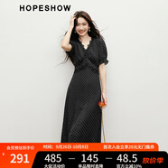 紅袖高級感蕾絲邊連衣裙2025春季新款女裝波點收腰V領(lǐng)顯瘦氣質(zhì)雪紡裙 黑底白點801 S