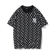 NEW ERA NE-MLBNY情侶短袖N(xiāo)Y經(jīng)典老花滿印刺繡圓領(lǐng)寬松休閑運(yùn)動(dòng)男女T恤 MLB黑色 L