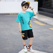 界方洋氣小孩夏天穿的純棉童裝男孩夏季男童短袖中大童夏款衣服 湖綠色 純棉兩件套 120