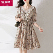 恒源祥2025春夏季新款氣質(zhì)V領(lǐng)蕾絲拼接半袖大碼女裝寬松顯瘦遮肚連衣裙 花色 L