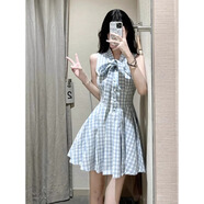UKMR法式甜美藍色格子無袖連衣裙子女夏2025年新款蝴蝶結氣質(zhì)百褶短裙 藍白格子連衣裙  優(yōu)質(zhì)款 XL 120-135斤