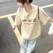 中大童夏季套裝韓版少女孩短袖T恤上衣網(wǎng)紅闊腿長褲子兩件套潮流 杏色+藍白格長褲 150