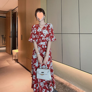 Radinka2025夏新款V領(lǐng)粉色碎花雪紡連衣裙顯瘦高腰長(cháng)裙超仙女氣質(zhì)連衣裙 2108-14花色 M