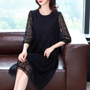 2025夏裝新款洋派寬松刺繡桑蠶絲洋裝女大尺碼杭州真絲中長版裙子 黑色[高質] M M建議88-106斤