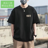 美特斯邦威（Meters Bonwe）官網(wǎng)方艦店旗官網(wǎng)300g重磅純棉夏季美式1977短袖男女潮牌字母印花 【小標1977短袖】黑色 S _90-120斤