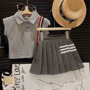 千碩森2025夏裝新款洋氣女童英倫學(xué)院風(fēng)Polo領(lǐng)條紋蝙蝠衫百褶短裙兩件套 主圖款 90 建議身高80-90