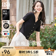 歐莎（OSA）V領(lǐng)正肩顯瘦薄款針織衫女短袖高端洋氣t恤小個(gè)子短款上衣減齡女裝 黑色 L